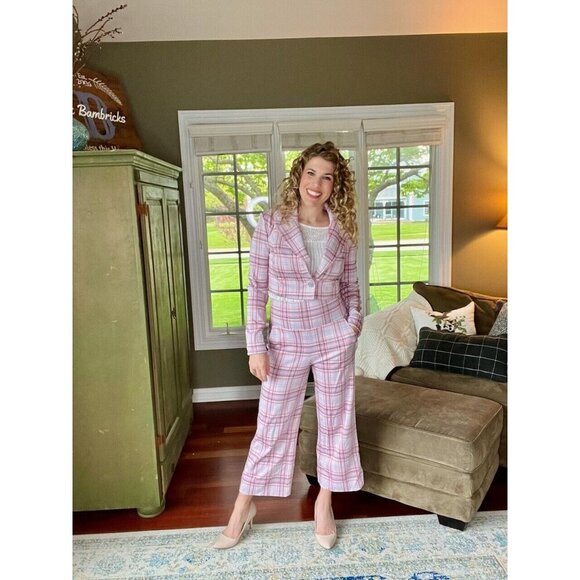 Cabi Playdate Pink Purple Plaid Crop Jacket Wide Leg Pants Outfit Set Size M - Picture 1 of 14